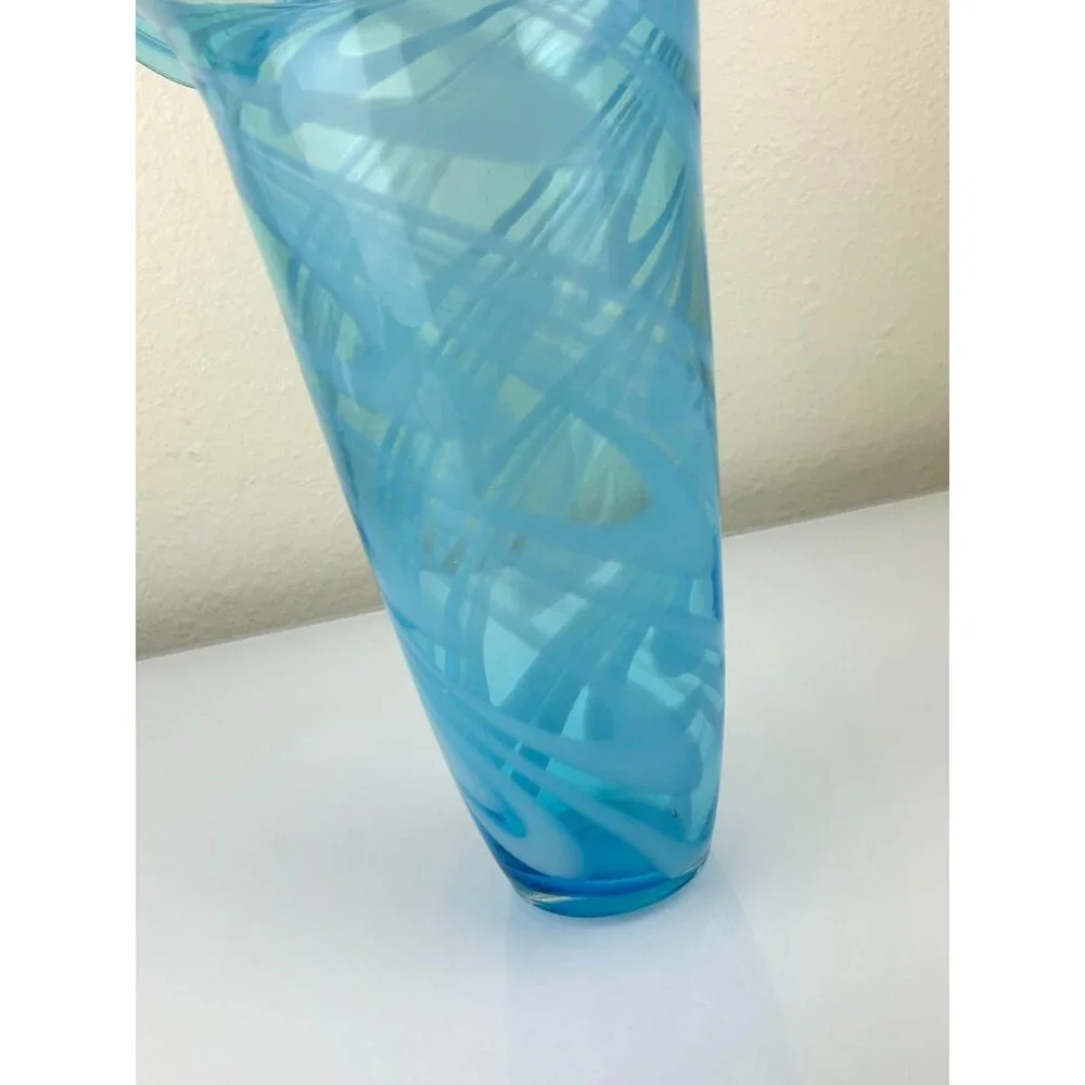 Blown Glass Art Fluted Aqua Blue & White Swirled Vase Home Decor 11.25